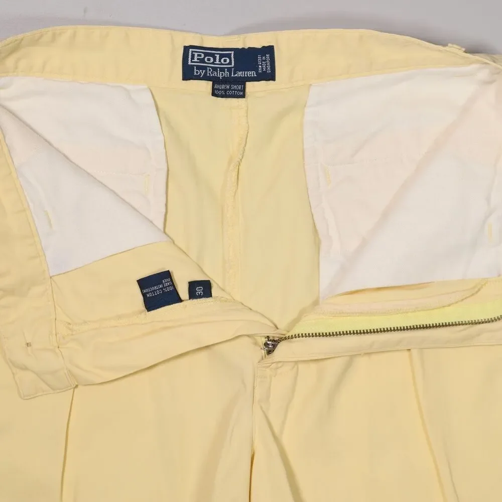 VTG Polo Ralph Lauren Andrew Shorts Yellow Pleated Cotton Mens 30 x 6